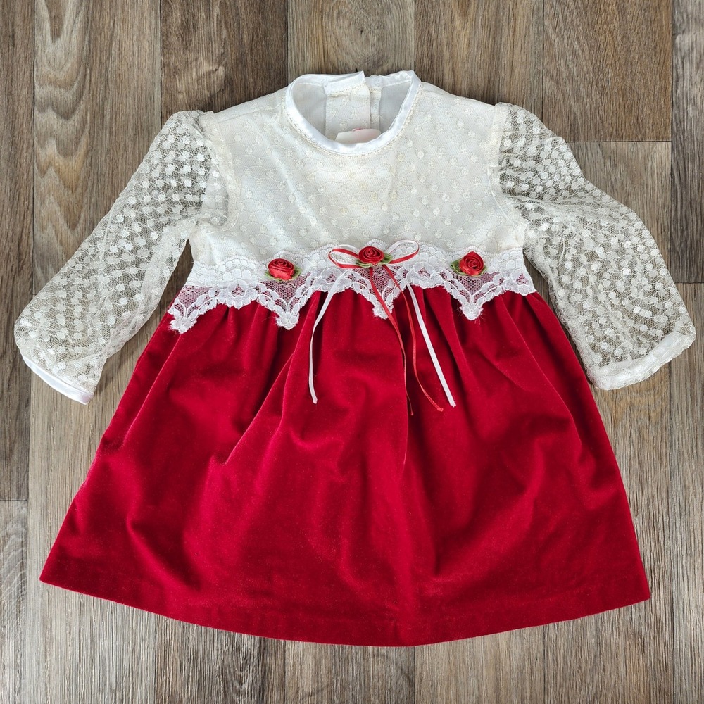 Vtg Evy Baby Girls 12M Red Velvet Dress Long Sleeve Holiday Special Occasion